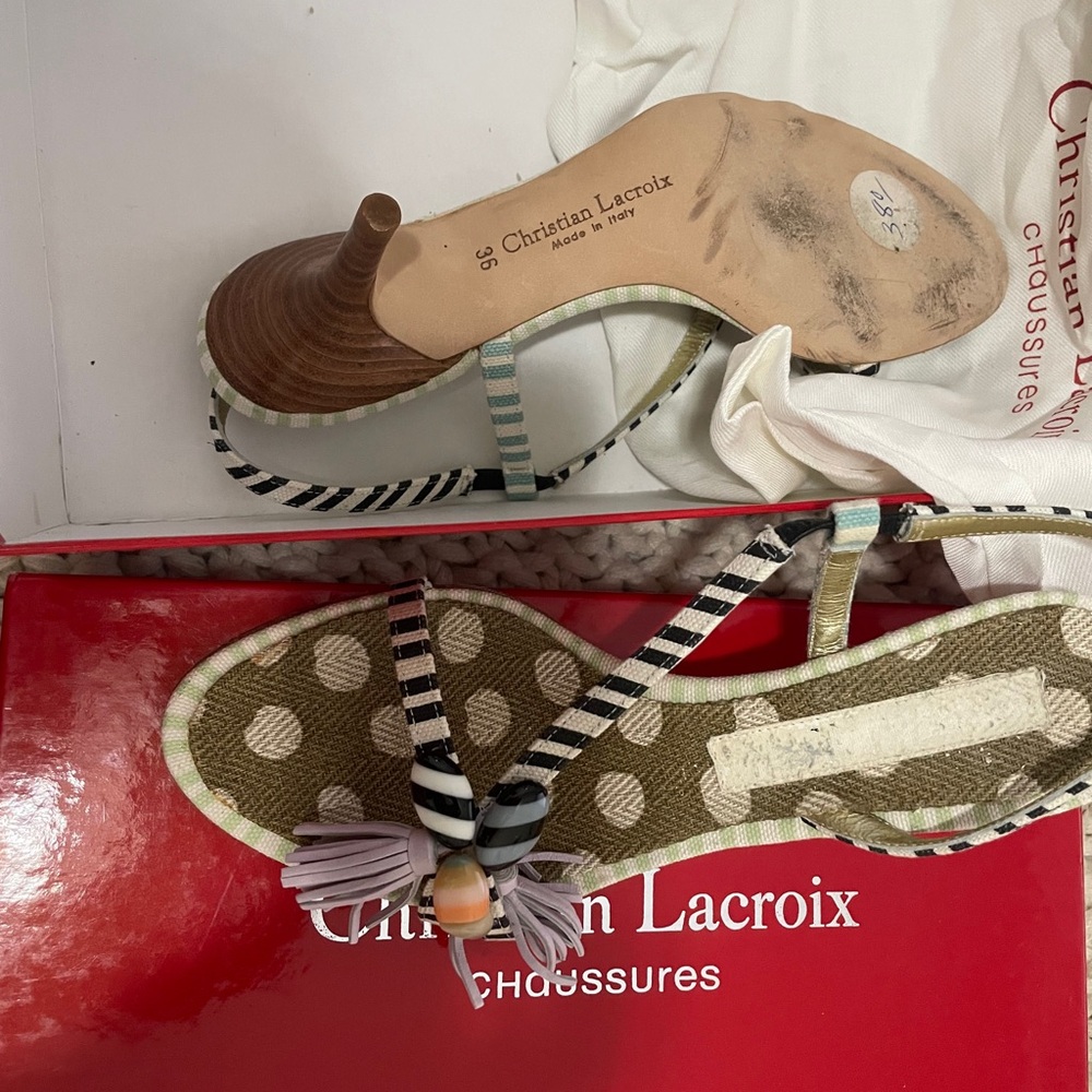 Christian Lacroix Black & White Striped Polka Dot Tassel Sandals